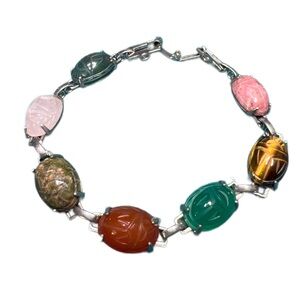 Vintage Egyptian Beetle Scarab Bracelet Multi Color Stones  7”silver Tone